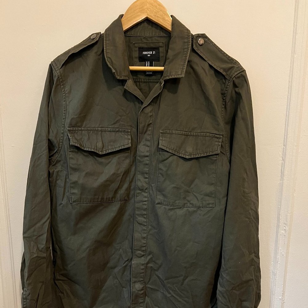 Rare Forever 21 Green "Hustle" Buttoned Up Army Jacket - Men's Medium